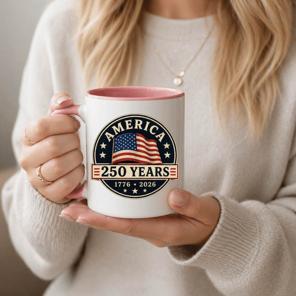 Retro USA 250 Years Accent Mug – 1776-2026 Independence Day Patriotic Gift for Men Women, American Flag Graphic - lifestyle view